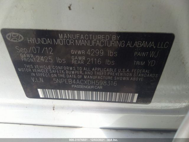 Photo 8 VIN: 5NPEB4ACXDH598316 - HYUNDAI SONATA 