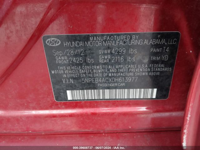 Photo 8 VIN: 5NPEB4ACXDH613977 - HYUNDAI SONATA 