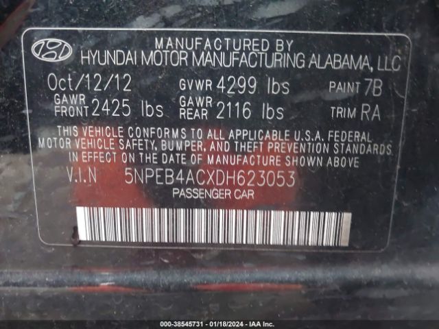 Photo 8 VIN: 5NPEB4ACXDH623053 - HYUNDAI SONATA 