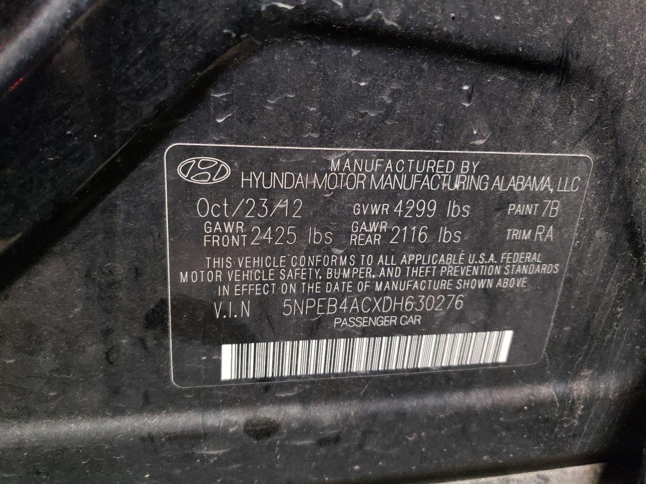 Photo 11 VIN: 5NPEB4ACXDH630276 - HYUNDAI SONATA 