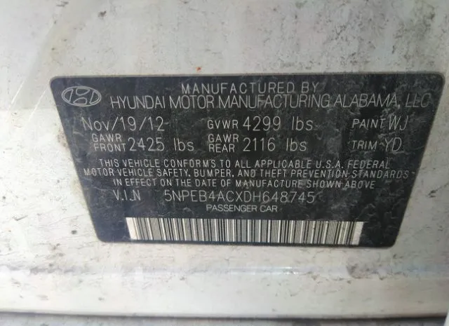 Photo 8 VIN: 5NPEB4ACXDH648745 - HYUNDAI SONATA 