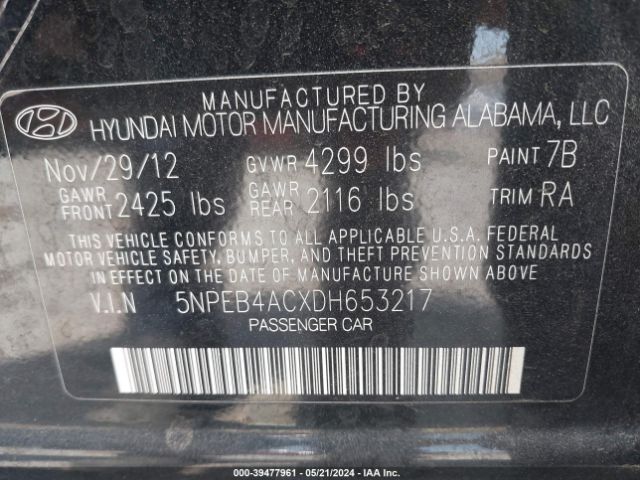 Photo 8 VIN: 5NPEB4ACXDH653217 - HYUNDAI SONATA 