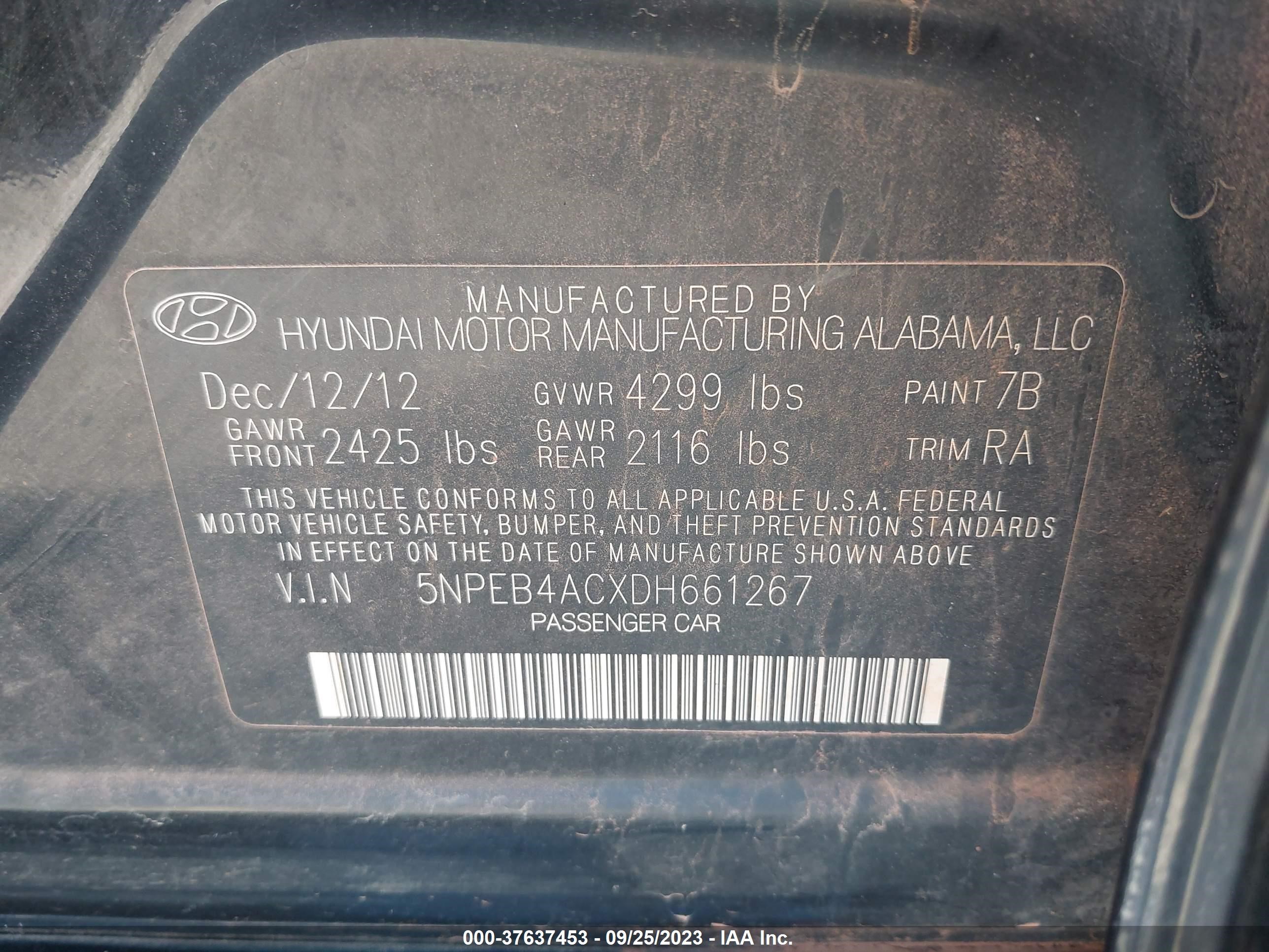 Photo 8 VIN: 5NPEB4ACXDH661267 - HYUNDAI SONATA 