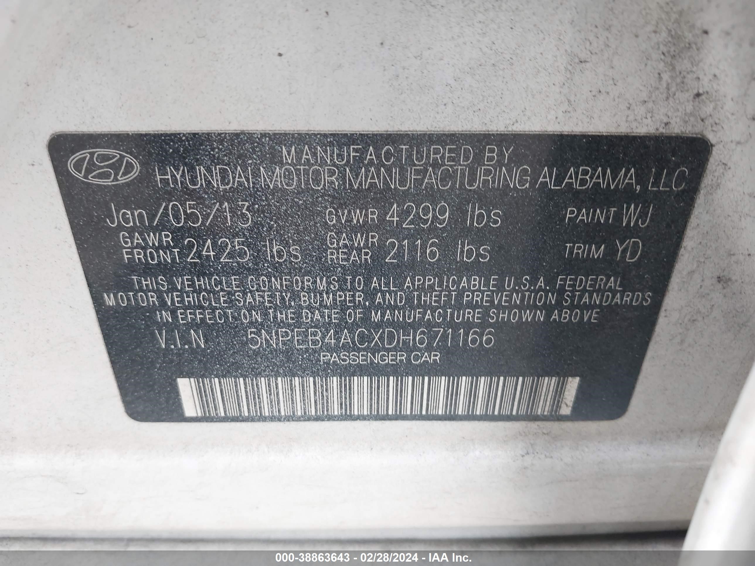 Photo 8 VIN: 5NPEB4ACXDH671166 - HYUNDAI SONATA 