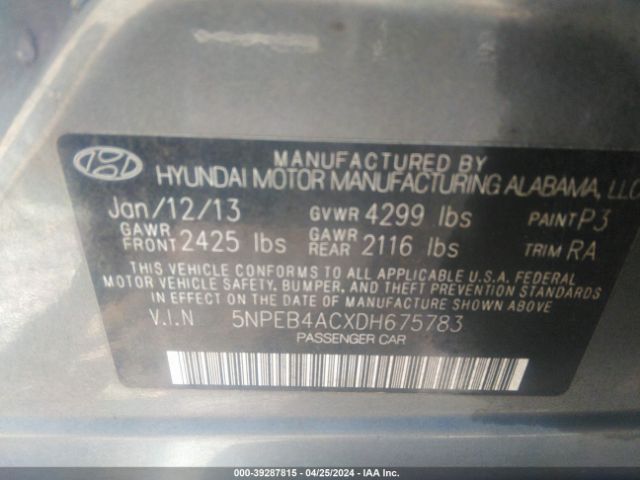 Photo 8 VIN: 5NPEB4ACXDH675783 - HYUNDAI SONATA 