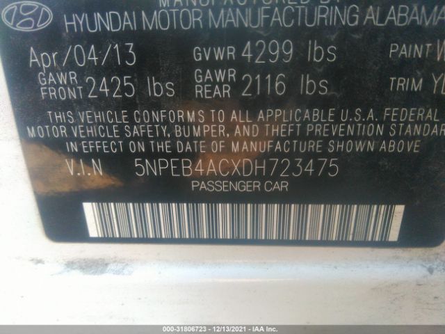 Photo 8 VIN: 5NPEB4ACXDH723475 - HYUNDAI SONATA 