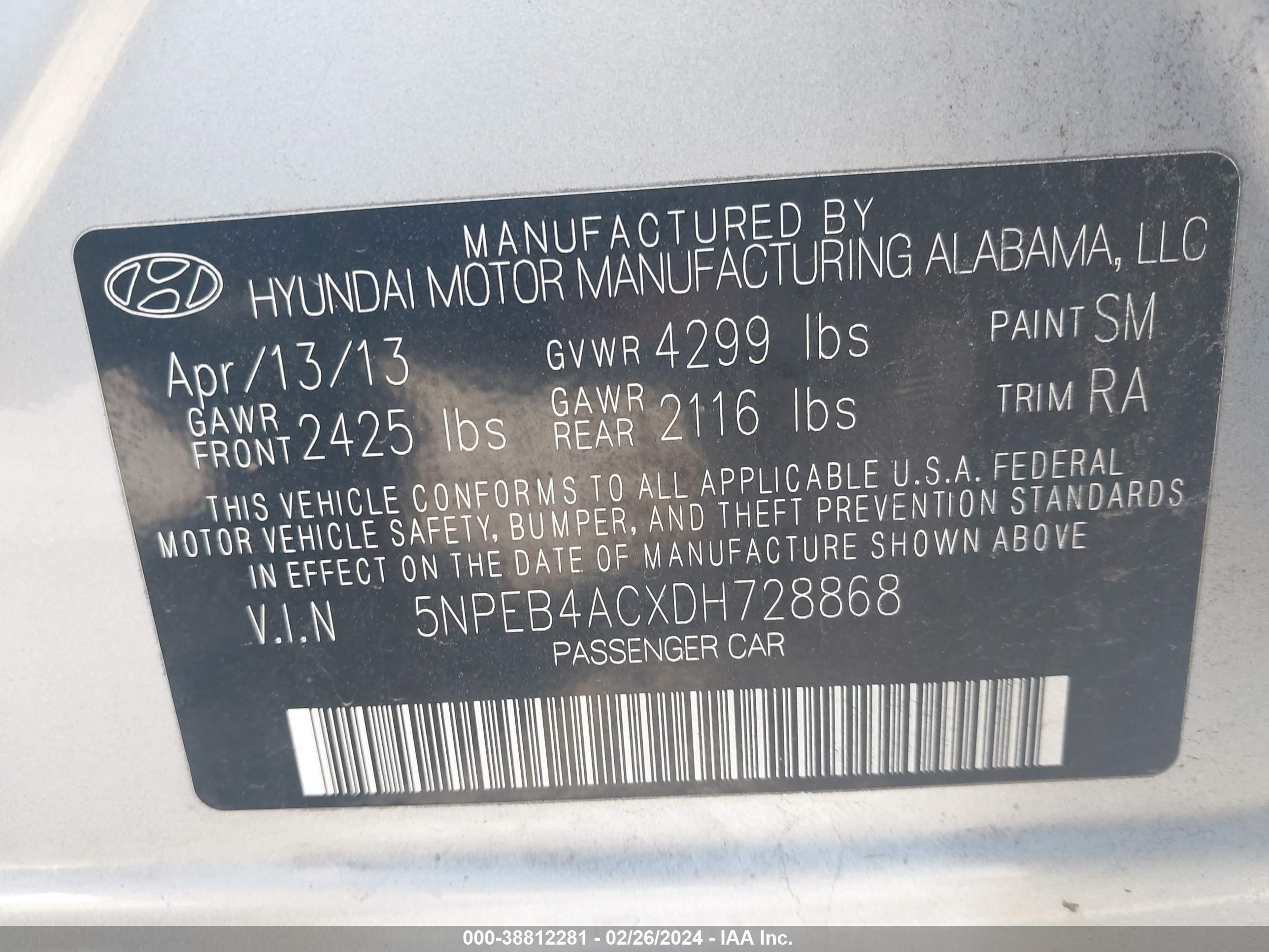 Photo 8 VIN: 5NPEB4ACXDH728868 - HYUNDAI SONATA 