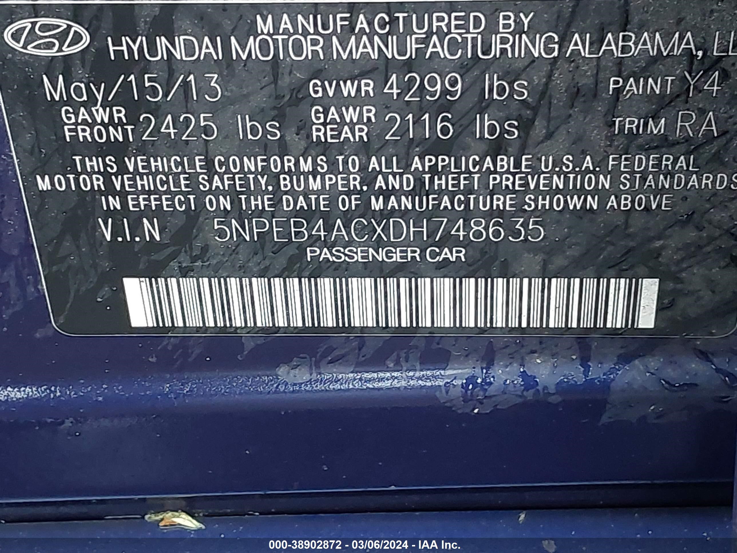 Photo 8 VIN: 5NPEB4ACXDH748635 - HYUNDAI SONATA 