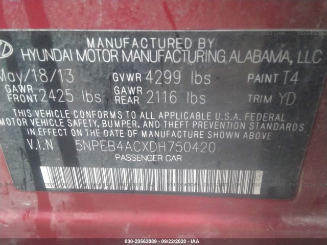 Photo 8 VIN: 5NPEB4ACXDH750420 - HYUNDAI SONATA 