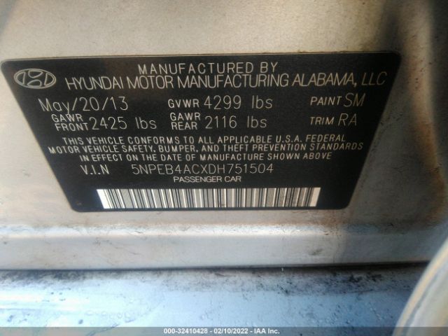 Photo 8 VIN: 5NPEB4ACXDH751504 - HYUNDAI SONATA 