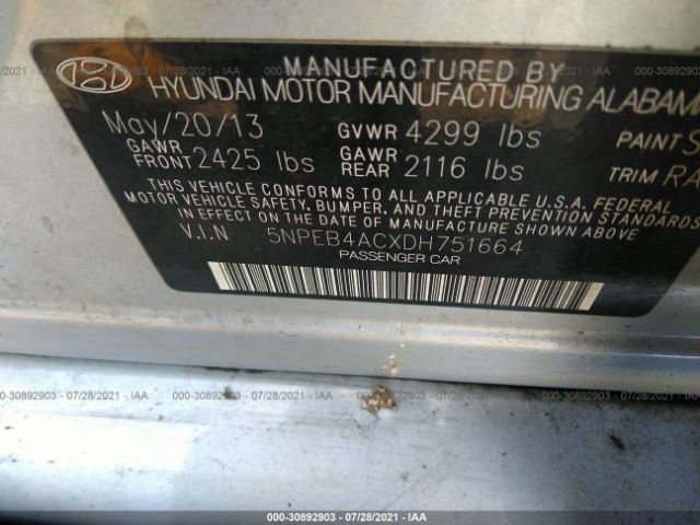 Photo 8 VIN: 5NPEB4ACXDH751664 - HYUNDAI SONATA 