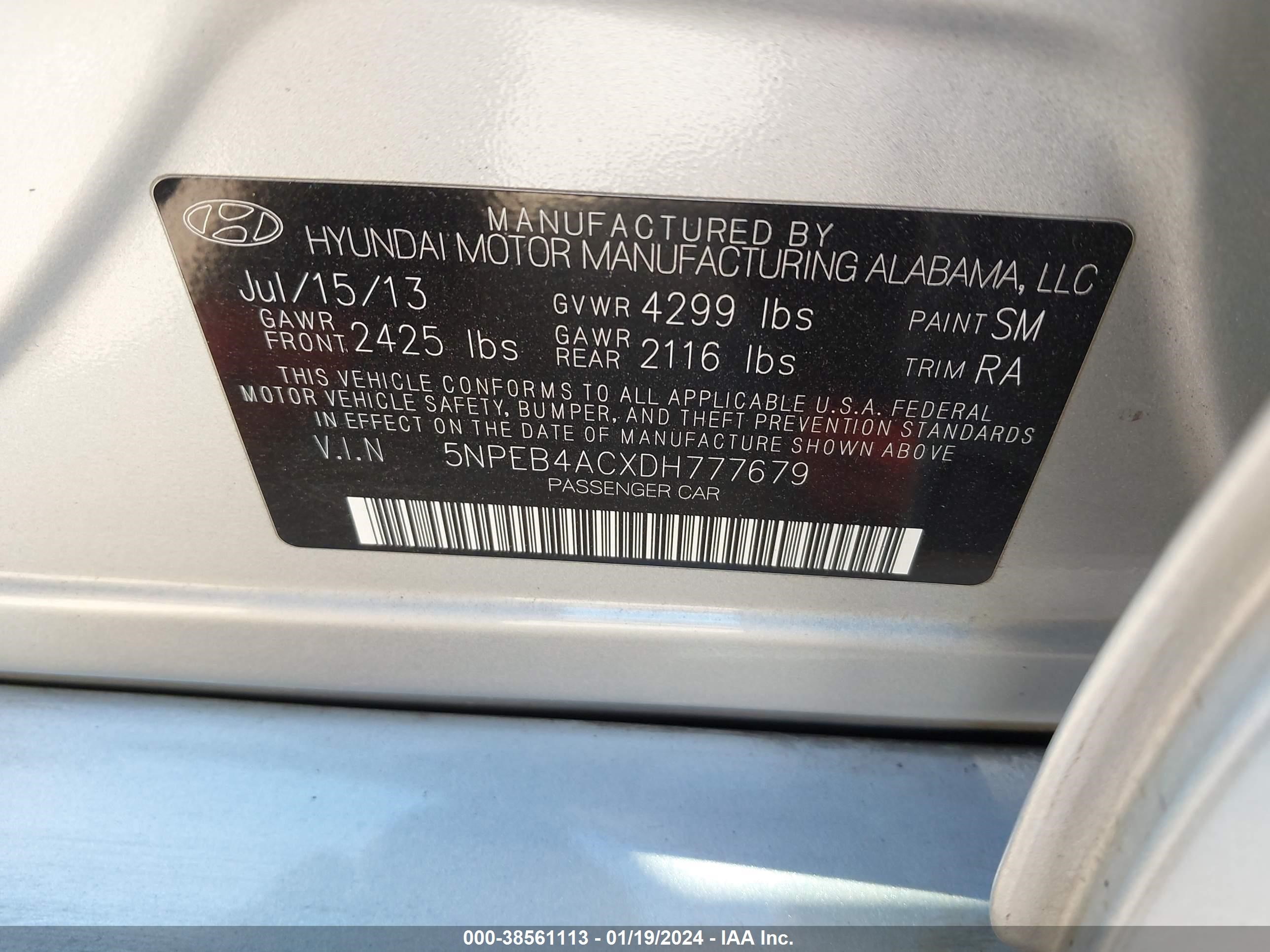 Photo 8 VIN: 5NPEB4ACXDH777679 - HYUNDAI SONATA 