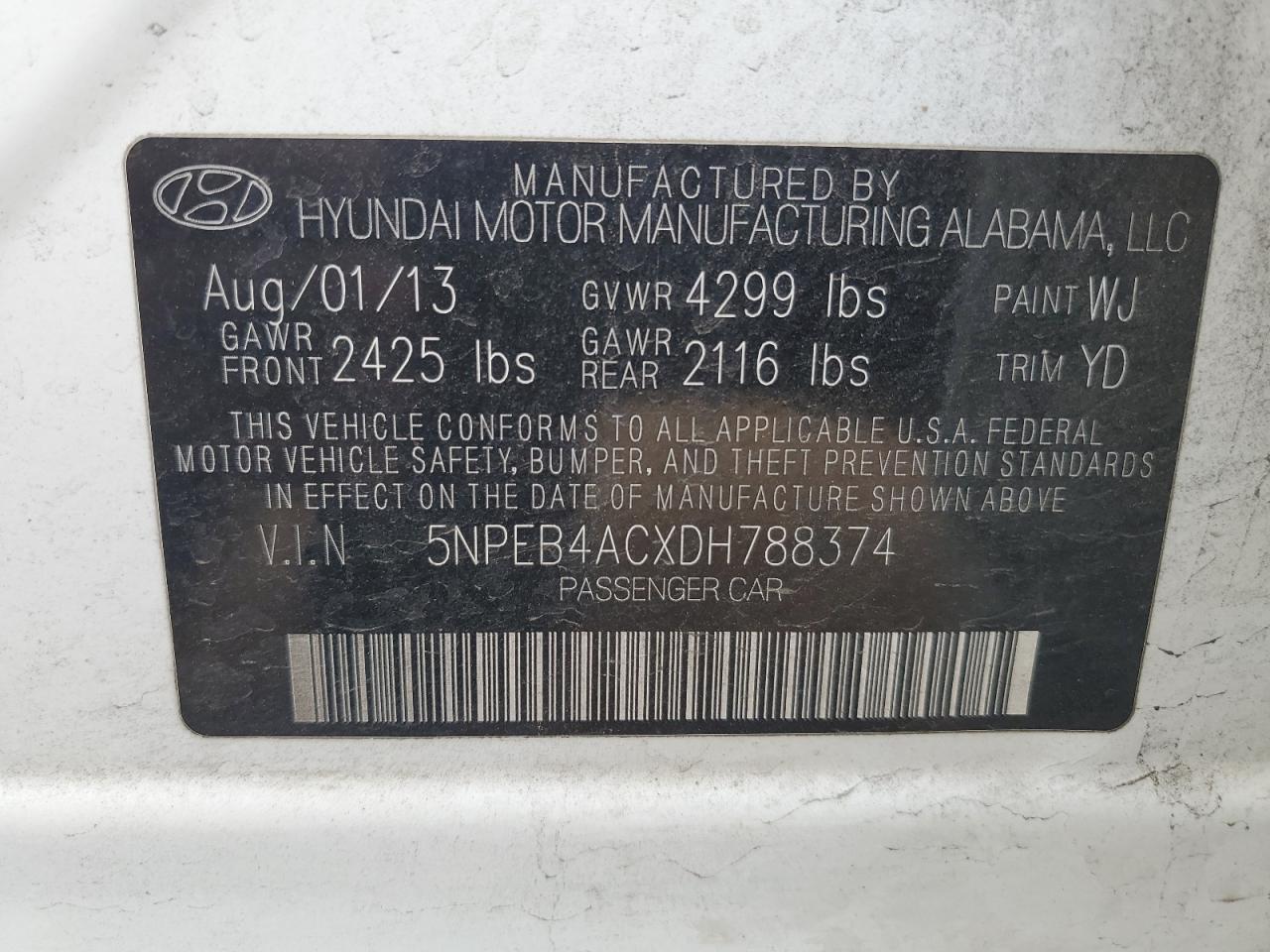 Photo 11 VIN: 5NPEB4ACXDH788374 - HYUNDAI SONATA 