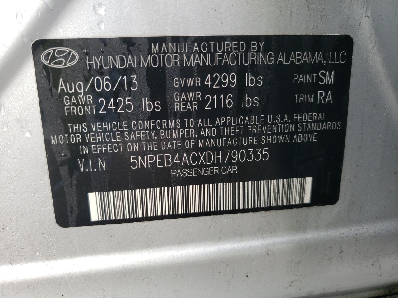 Photo 11 VIN: 5NPEB4ACXDH790335 - HYUNDAI SONATA 