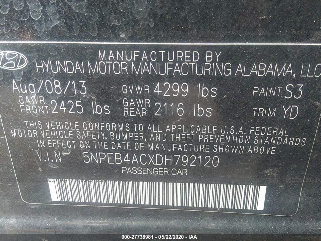 Photo 8 VIN: 5NPEB4ACXDH792120 - HYUNDAI SONATA 