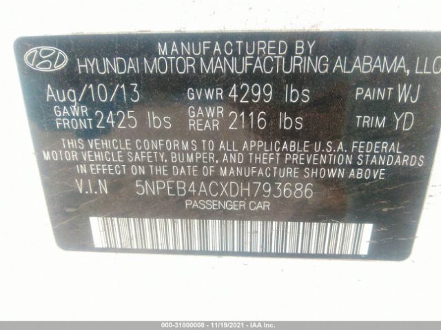 Photo 8 VIN: 5NPEB4ACXDH793686 - HYUNDAI SONATA 