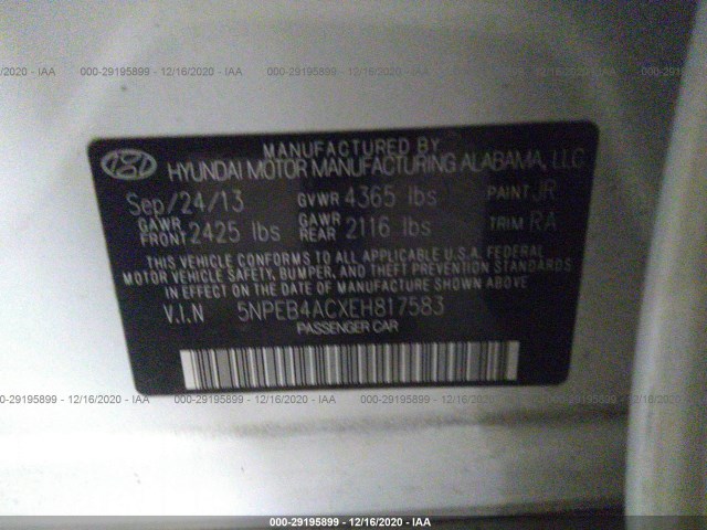 Photo 8 VIN: 5NPEB4ACXEH817583 - HYUNDAI SONATA 