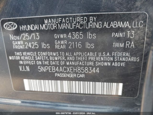 Photo 8 VIN: 5NPEB4ACXEH858344 - HYUNDAI SONATA 