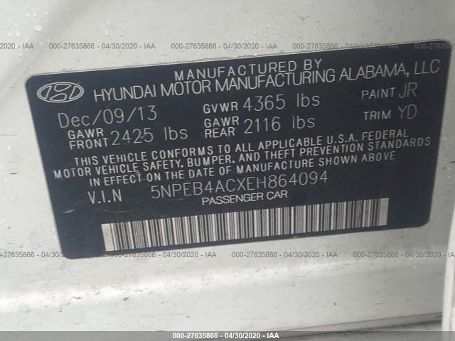 Photo 8 VIN: 5NPEB4ACXEH864094 - HYUNDAI SONATA 