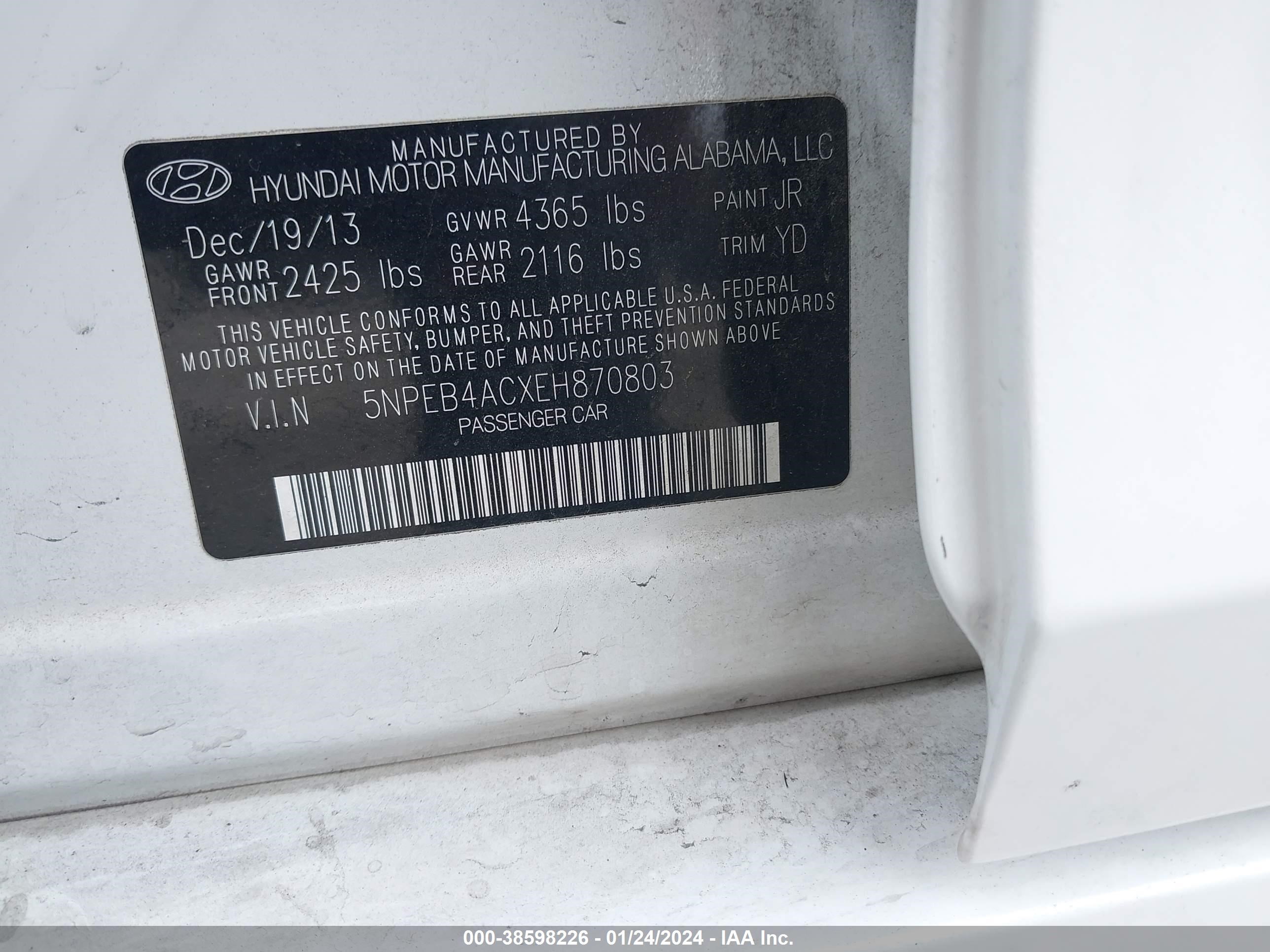 Photo 8 VIN: 5NPEB4ACXEH870803 - HYUNDAI SONATA 