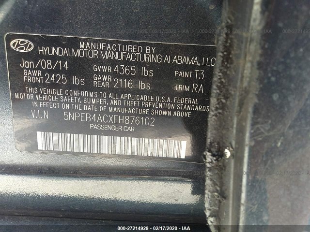 Photo 8 VIN: 5NPEB4ACXEH876102 - HYUNDAI SONATA 