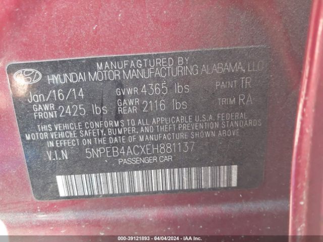 Photo 8 VIN: 5NPEB4ACXEH881137 - HYUNDAI SONATA 