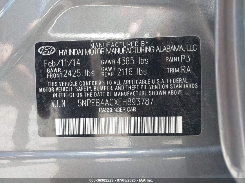 Photo 8 VIN: 5NPEB4ACXEH893787 - HYUNDAI SONATA 