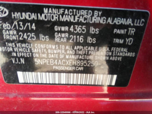 Photo 8 VIN: 5NPEB4ACXEH895250 - HYUNDAI SONATA 