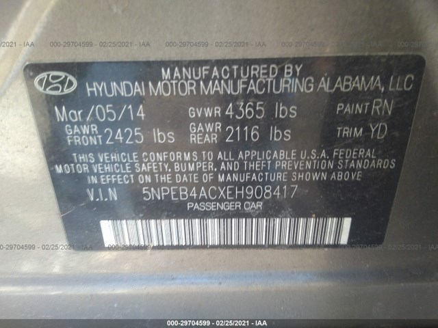 Photo 8 VIN: 5NPEB4ACXEH908417 - HYUNDAI SONATA 