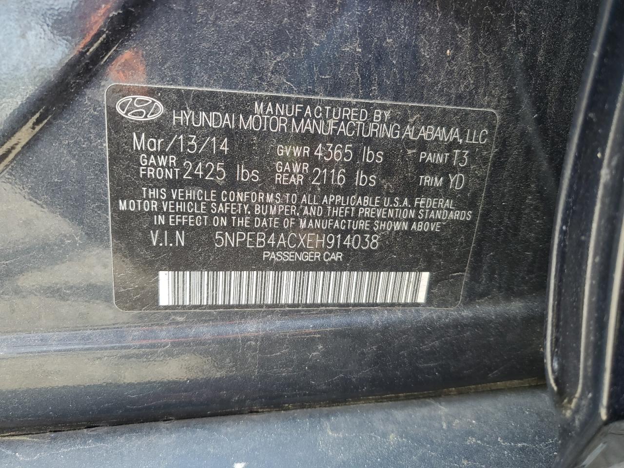 Photo 11 VIN: 5NPEB4ACXEH914038 - HYUNDAI SONATA 