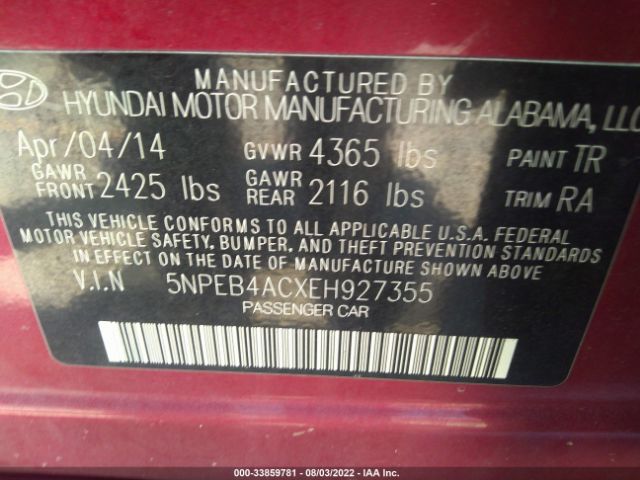 Photo 8 VIN: 5NPEB4ACXEH927355 - HYUNDAI SONATA 