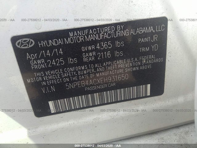 Photo 8 VIN: 5NPEB4ACXEH931650 - HYUNDAI SONATA 