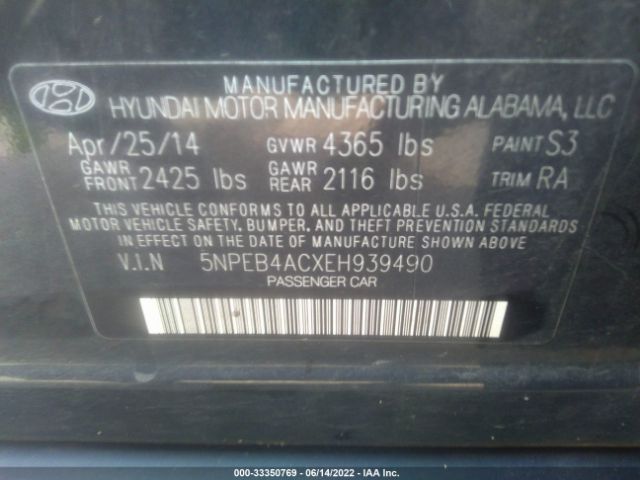 Photo 8 VIN: 5NPEB4ACXEH939490 - HYUNDAI SONATA 