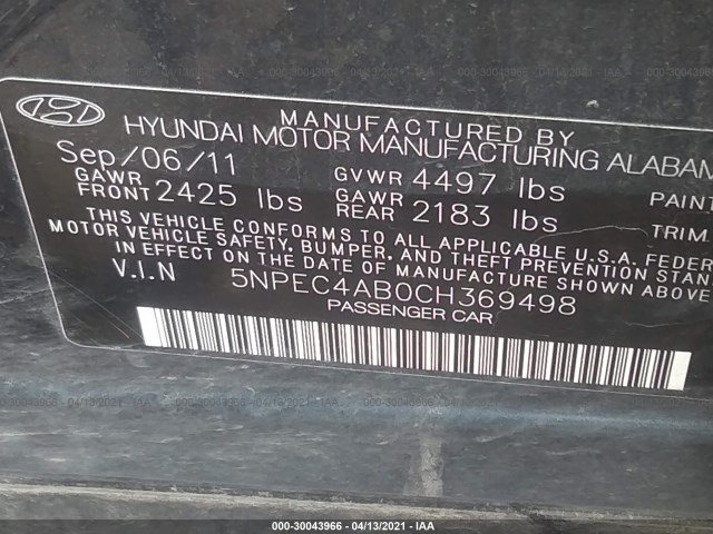 Photo 8 VIN: 5NPEC4AB0CH369498 - HYUNDAI SONATA 