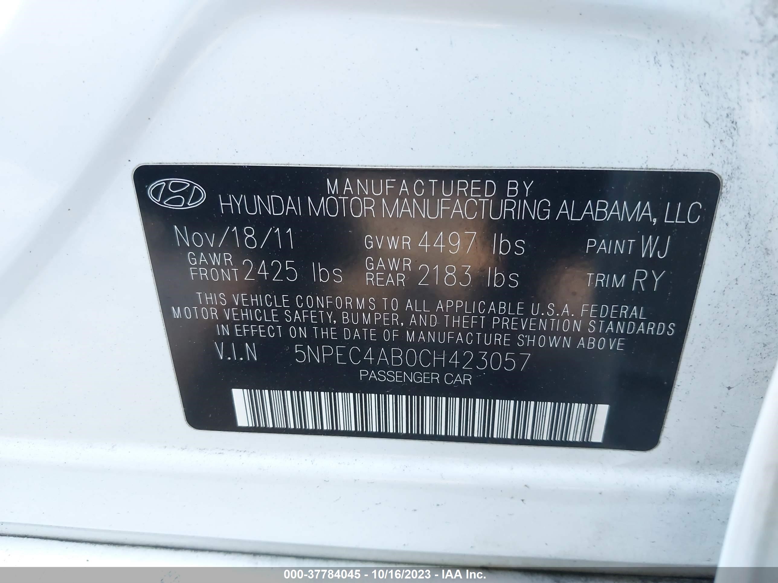 Photo 8 VIN: 5NPEC4AB0CH423057 - HYUNDAI SONATA 