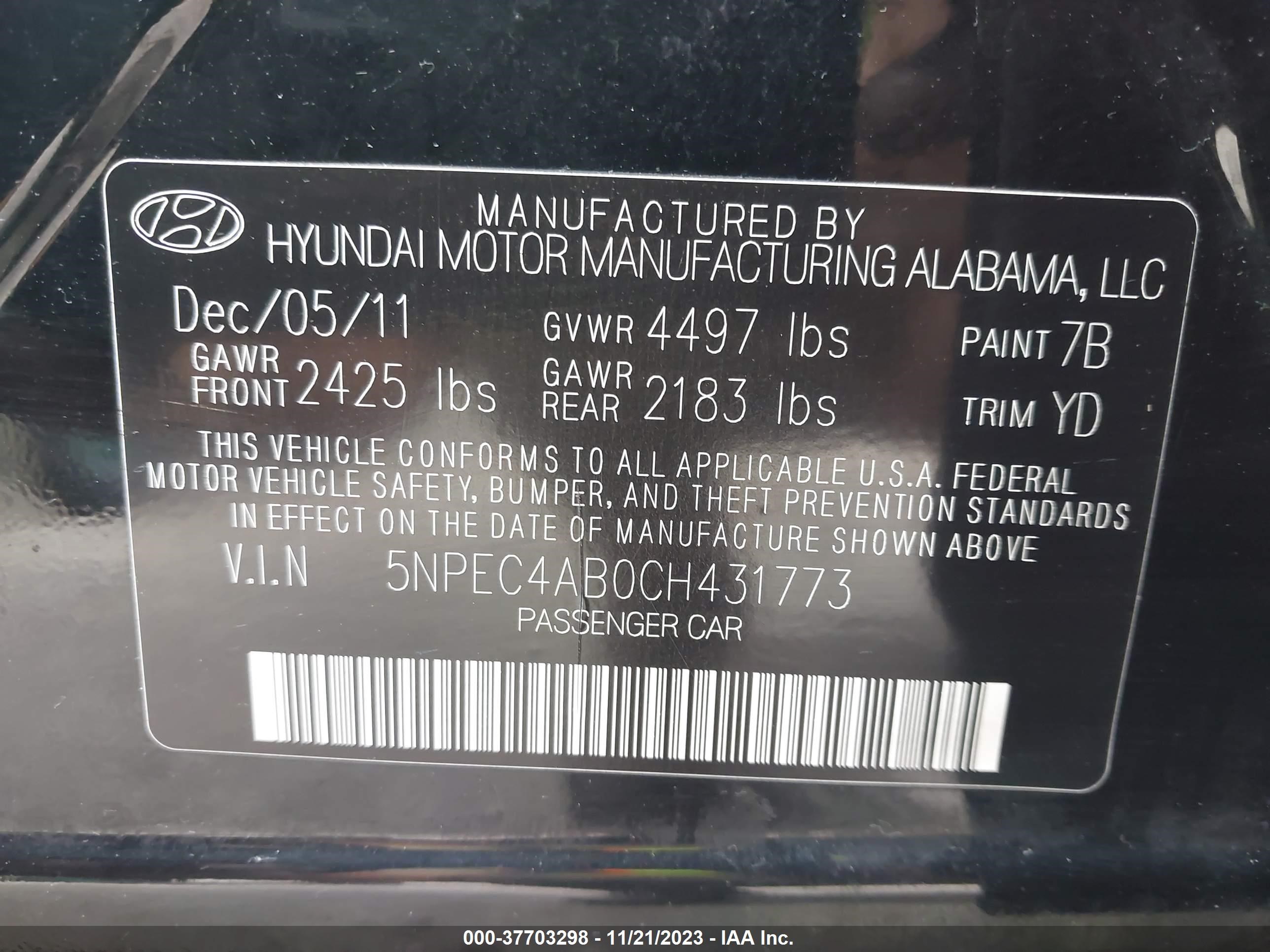 Photo 8 VIN: 5NPEC4AB0CH431773 - HYUNDAI SONATA 