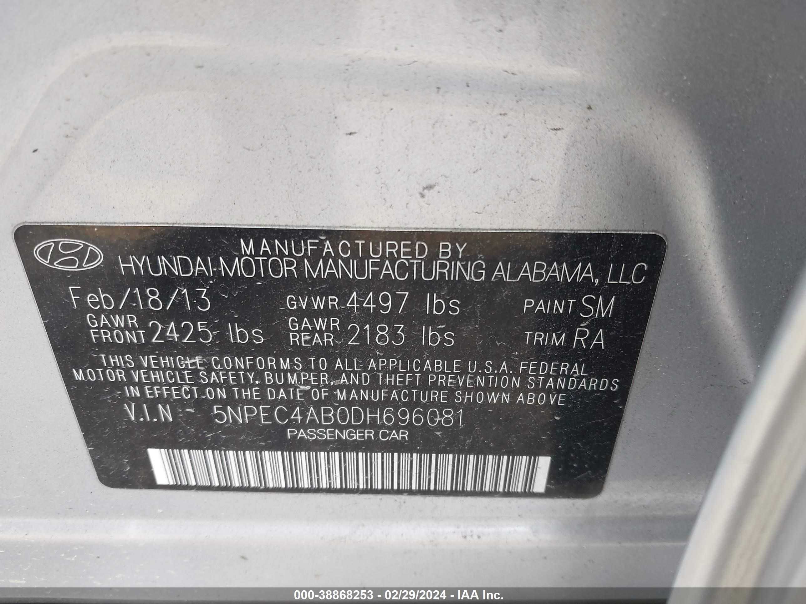 Photo 8 VIN: 5NPEC4AB0DH696081 - HYUNDAI SONATA 