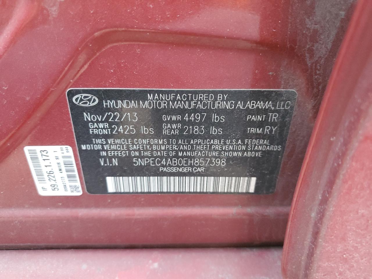 Photo 11 VIN: 5NPEC4AB0EH857398 - HYUNDAI SONATA 