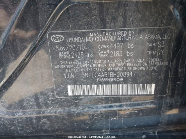 Photo 8 VIN: 5NPEC4AB1BH208947 - HYUNDAI SONATA 