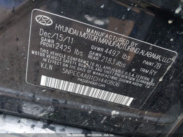 Photo 8 VIN: 5NPEC4AB1CH440806 - HYUNDAI SONATA 