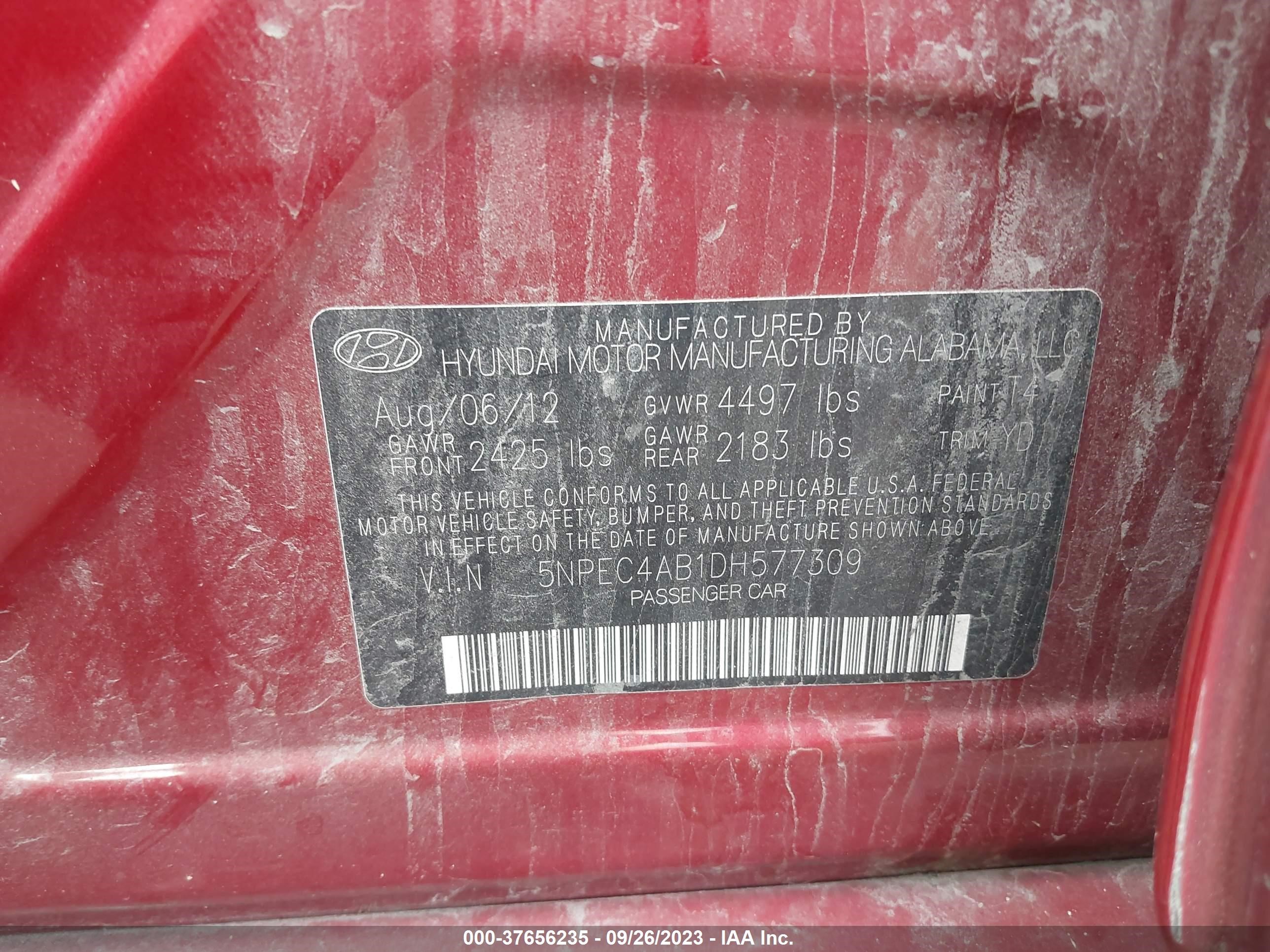 Photo 8 VIN: 5NPEC4AB1DH577309 - HYUNDAI SONATA 