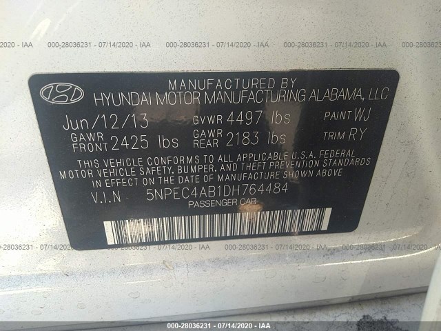 Photo 8 VIN: 5NPEC4AB1DH764484 - HYUNDAI SONATA 