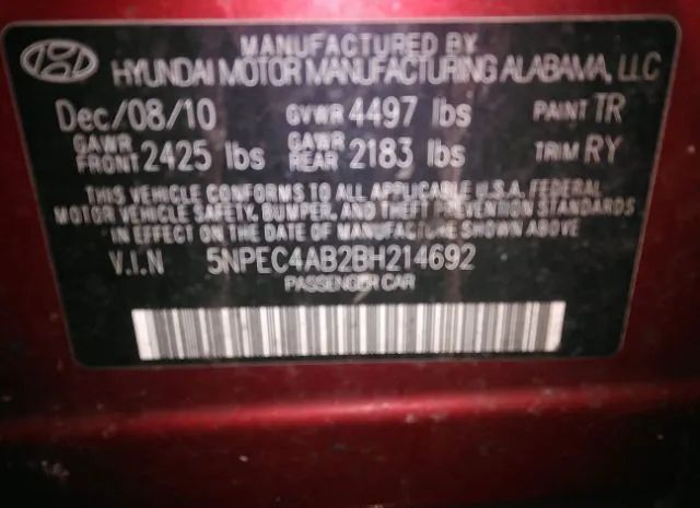 Photo 8 VIN: 5NPEC4AB2BH214692 - HYUNDAI SONATA 