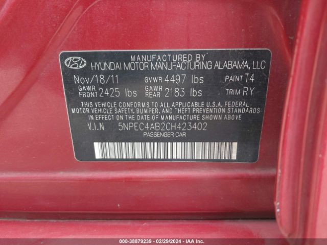 Photo 8 VIN: 5NPEC4AB2CH423402 - HYUNDAI SONATA 