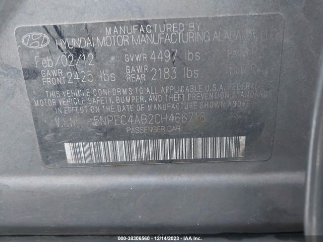 Photo 8 VIN: 5NPEC4AB2CH466718 - HYUNDAI SONATA 