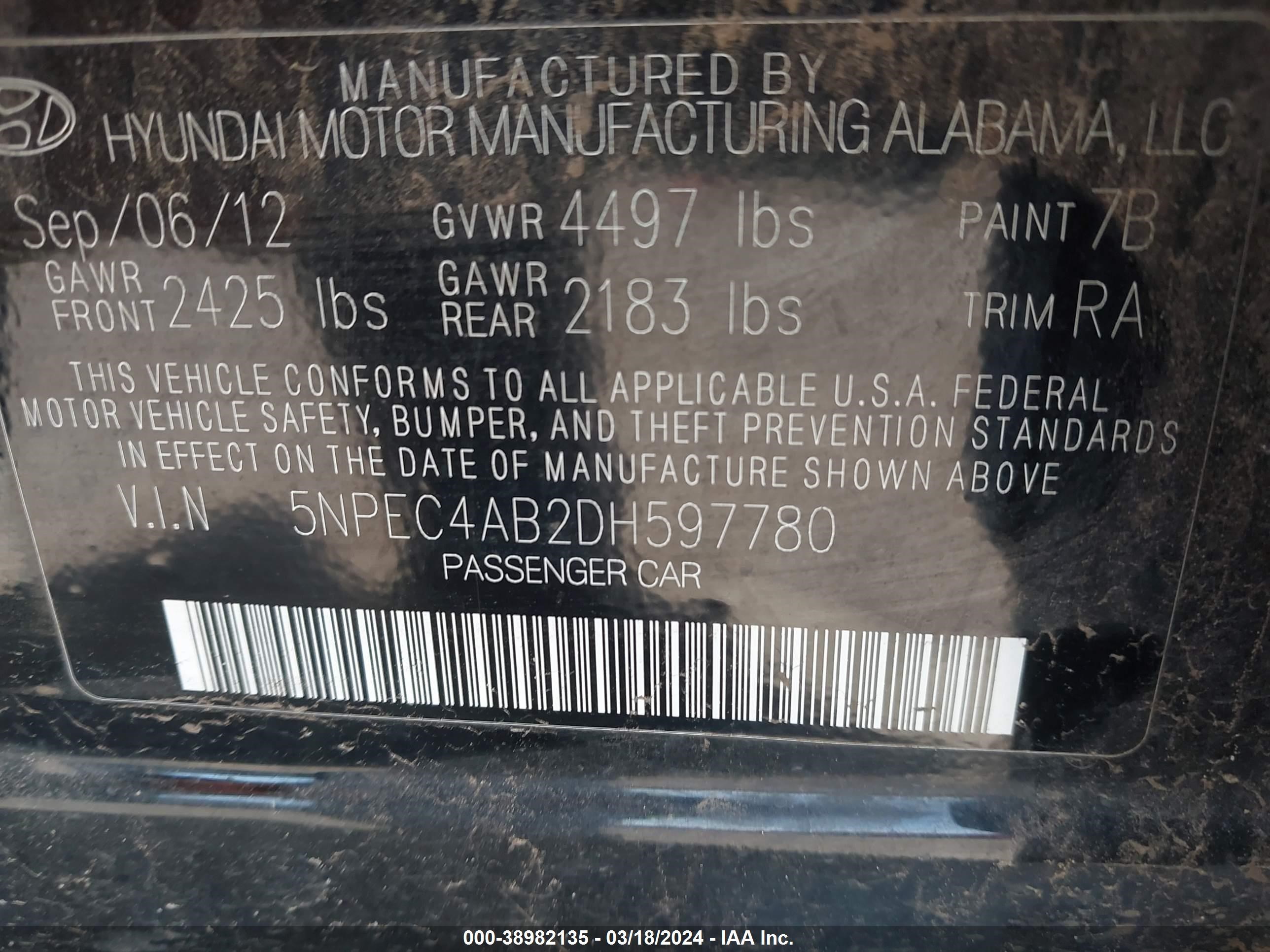 Photo 8 VIN: 5NPEC4AB2DH597780 - HYUNDAI SONATA 