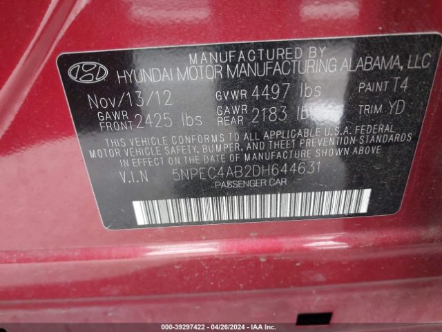 Photo 8 VIN: 5NPEC4AB2DH644631 - HYUNDAI SONATA 