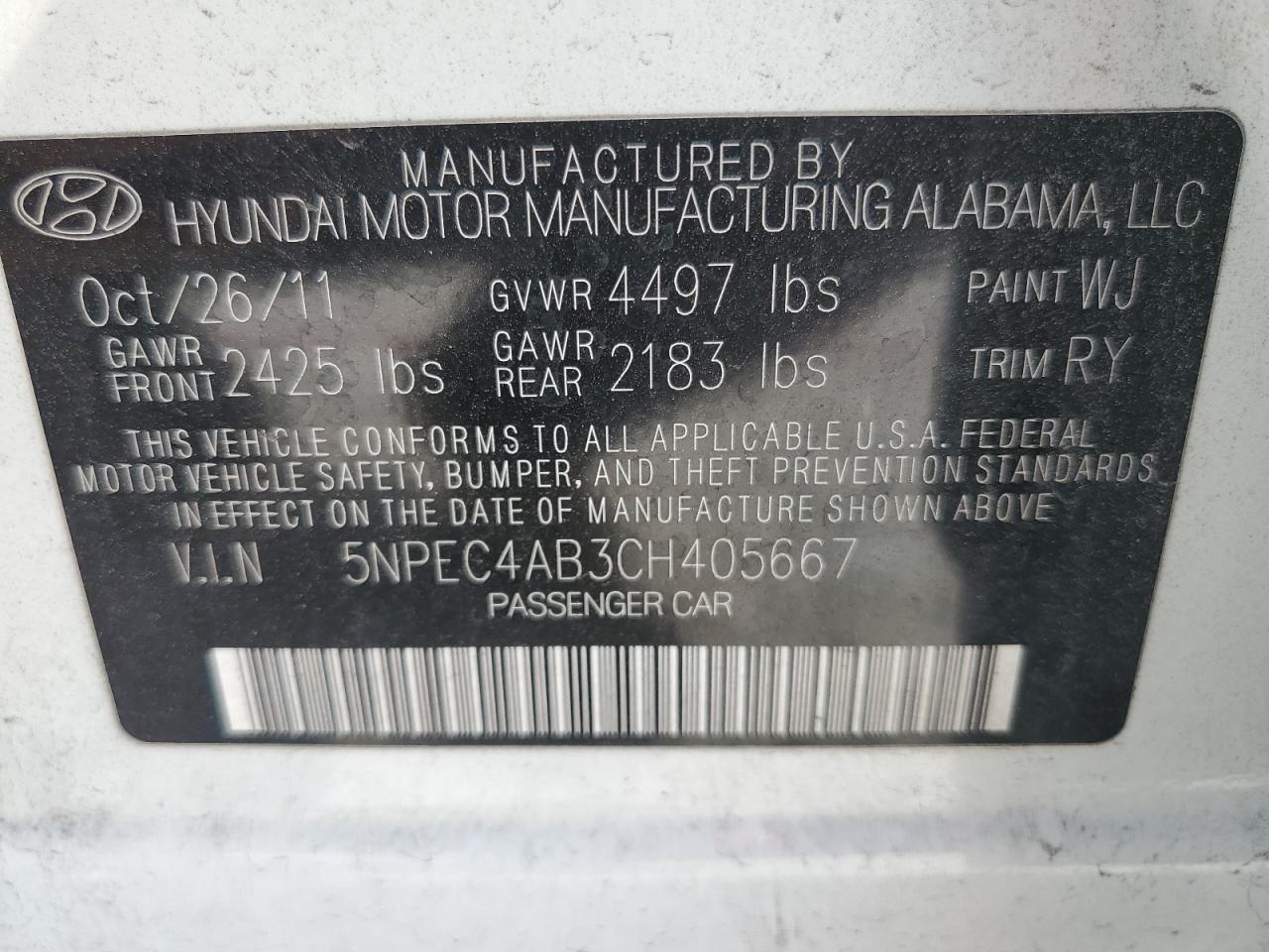 Photo 11 VIN: 5NPEC4AB3CH405667 - HYUNDAI SONATA 