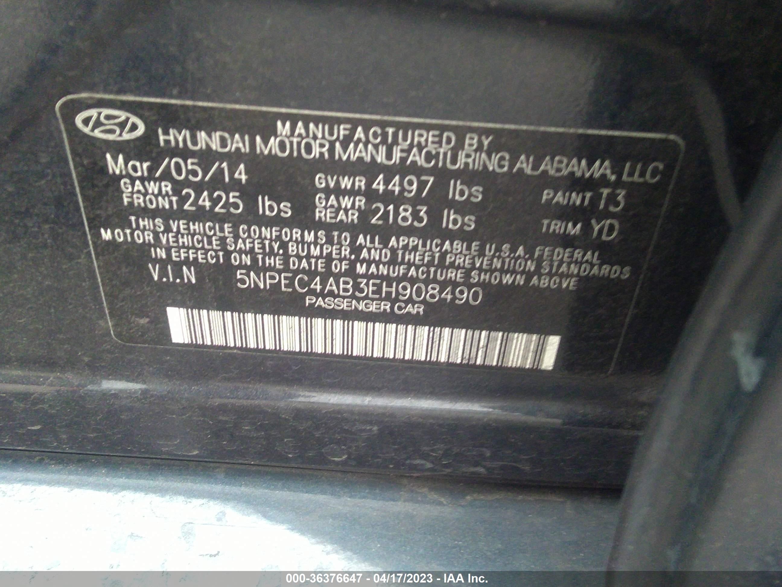 Photo 8 VIN: 5NPEC4AB3EH908490 - HYUNDAI SONATA 