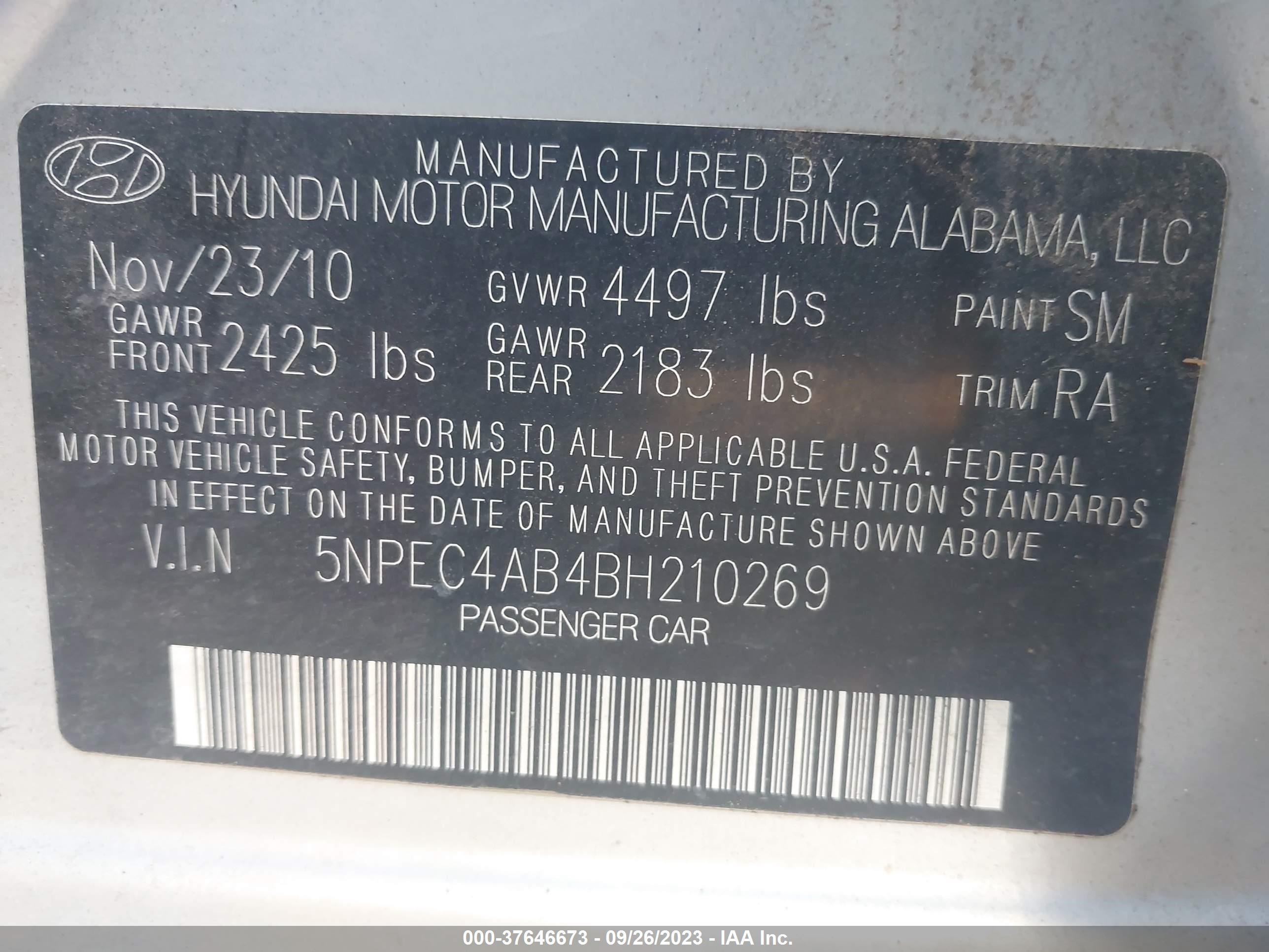 Photo 8 VIN: 5NPEC4AB4BH210269 - HYUNDAI SONATA 